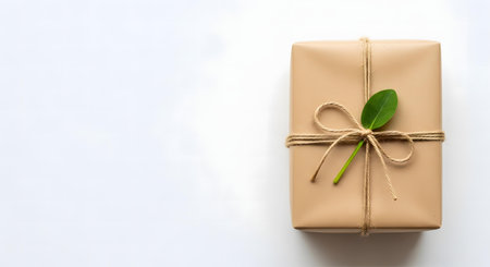 A minimalist, eco-friendly gift box wrapped in brown kraft paper and tied with natural twine. A fresh green leaf adds a touch of nature. Flat lay with copy space.の素材