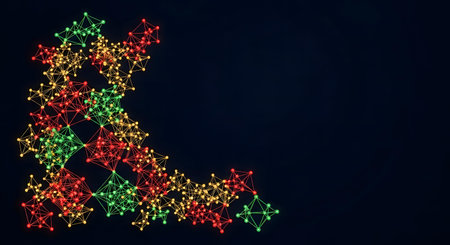 A vibrant corner frame made of glowing red, green, and yellow star-shaped Christmas lights against a solid dark background, providing ample copy space for text.の素材