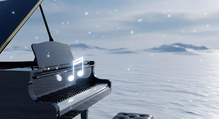 A black grand piano stands in a vast frozen landscape of snow and ice as snowflakes fall and glowing musical notes float above the keys creating a surreal and magical scene.の素材
