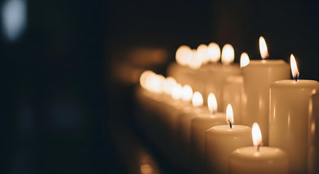 A collection of lit candles glows warmly against a dark backdrop, creating a tranquil, spiritual, or memorial ambiance. Selective focus highlights the foreground flames.の素材