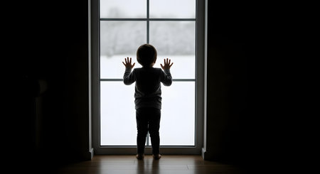 A small child stands alone in a dark room, silhouetted against a bright glass door. The child's hands are pressed against the glass, looking out at a snowy landscape.の素材