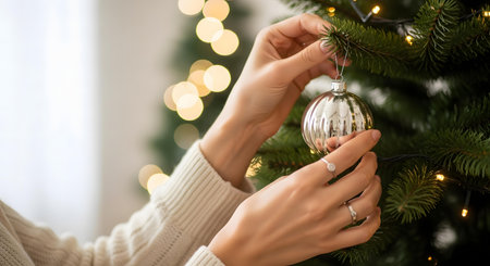 Close up of a woman's hands hanging a shiny silver ornament on a festive Christmas tree with warm glowing lights in the background. Holiday season preparation.の素材