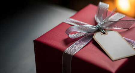 A beautifully wrapped red present with a shiny silver bow and a blank gift tag sits in a cozy, dark room, illuminated by the warm glow of a nearby fire.の素材