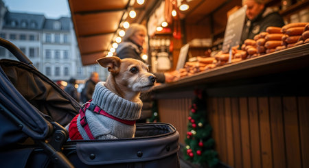 A small chihuahua dog, dressed in a cozy sweater, sits comfortably in a stroller, observing the festive atmosphere of a Christmas market.の素材