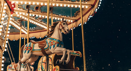 A close-up view of a beautifully decorated carousel horse, featuring intricate details and vibrant colors, illuminated by the warm glow of the carousel lights.の素材