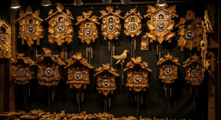 A detailed view of numerous intricately carved wooden cuckoo clocks, each showcasing unique designs and craftsmanship, hanging neatly in a row.の素材