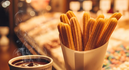 A close-up shot of freshly made churros served in a paper cone, accompanied by a steaming cup of rich hot chocolate, ideal for a sweet indulgence.の素材