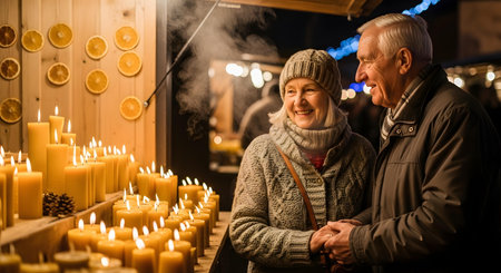 A happy elderly couple, dressed in warm winter clothing, stands close together, smiling as they look at a display of glowing candles at an outdoor market during the evening.の素材