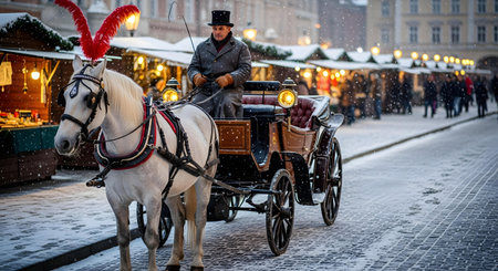 A white horse in harness pulls a classic carriage, driven by a man in a top hat, suggesting a traditional or festive setting.の素材