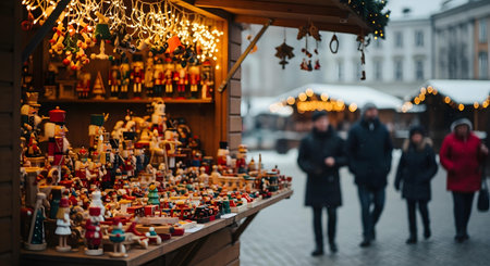 A vibrant Christmas market stall showcasing a wide array of handcrafted wooden ornaments, festive decorations, and traditional holiday gifts, illuminated by warm lights.の素材