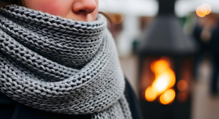 A close-up shot of a person's lower face, with their nose and mouth area obscured by a thick, textured grey knitted scarf, emphasizing the soft fabric and the feeling of being bundled up.の素材