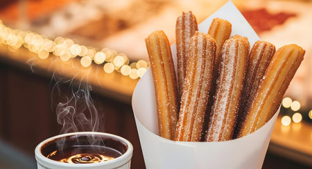 A close-up shot of freshly made churros dusted with sugar, served in a white paper cone alongside a steaming cup of hot chocolate, ready to be enjoyed.の素材