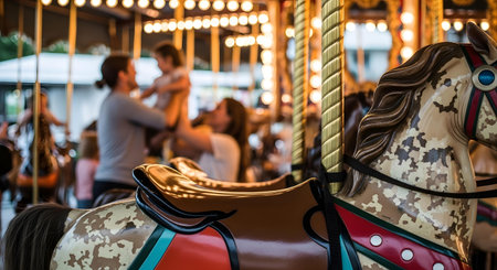 A detailed view of a carousel horse, featuring intricate patterns and a polished saddle, highlighting the craftsmanship of this classic amusement ride attraction.の素材