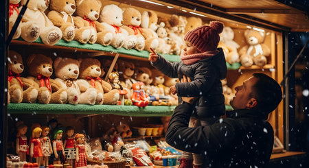 A loving father holds his young child up to a stall filled with teddy bears, allowing the child to pick out a favorite toy.の素材