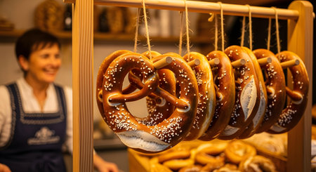 A close-up view of several golden-brown pretzels, generously sprinkled with coarse salt, hanging neatly on display in a bakery setting.の素材