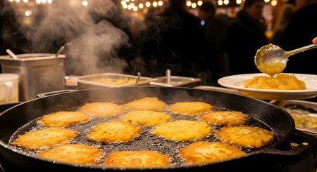 Close-up view of golden-brown potato pancakes sizzling in hot oil within a large, dark pan, with steam gently rising from the freshly cooked food.の素材