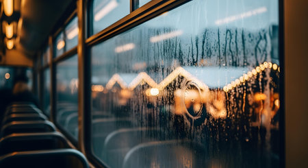 Close-up of a window covered in raindrops, viewed from the interior of a vehicle, with blurred city lights visible outside at dusk.の素材