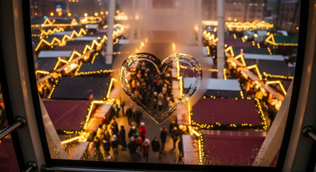 A large group of people are seen from an elevated perspective, enjoying an evening event outdoors, surrounded by decorative lighting.の素材