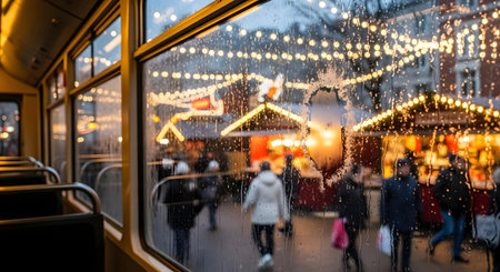 A vibrant Christmas market scene at night, with numerous people strolling among decorated stalls and illuminated by strings of lights, as seen from the interior of a tram.の素材