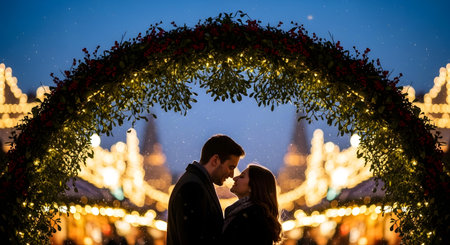 A loving couple, silhouetted against a softly lit background, shares an intimate moment under a beautifully decorated archway.の素材