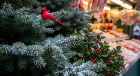 A striking red cardinal figurine is nestled among the frosty green needles of an evergreen branch, adorned with sparkling tinsel and vibrant red holly berries, creating a festive holiday scene.の素材