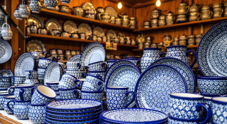 A vibrant display of traditional Polish pottery, featuring blue and white patterns, meticulously arranged on shelves and tables in a bustling market setting.の素材