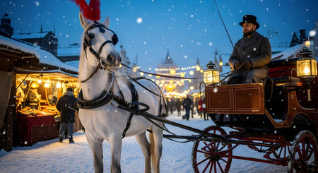 A majestic white horse adorned with festive red antlers, harnessed to a traditional carriage, with a driver at the reins, set against a snowy, illuminated winter market.の素材
