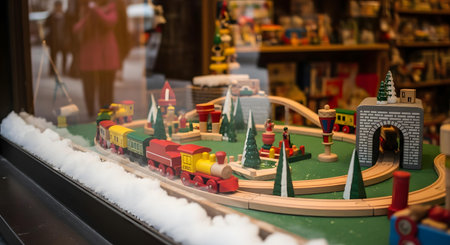 A vibrant toy train set is meticulously arranged with miniature green trees and artificial snow, creating a festive and playful scene in a shop window.の素材