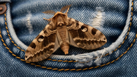 A close-up shot of a moth, showcasing its detailed wings and delicate body, highlighting its natural beauty and unique markings.の素材