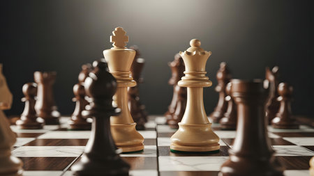 Close-up view of chess pieces, including kings and queens, set up on a chessboard, ready for a strategic game.の素材