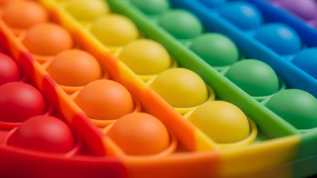 A close up view of a rainbow colored pop it fidget toy, showcasing its many colorful bubbles in a neat row, perfect for stress relief and sensory play.の素材