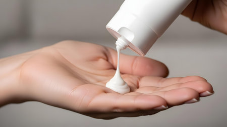 A person's hand is shown in a close-up view, with a white bottle dispensing a stream of lotion onto the palm, highlighting the texture and application of the product.の素材