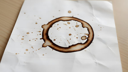 A detailed view of a coffee stain, highlighting its irregular circular form and the varying shades of brown, with small splatters around the main ring.の素材