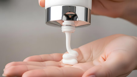 A close-up shot captures a hand receiving a dollop of white foamy product from a sleek, modern pump dispenser, highlighting the texture and application.の素材