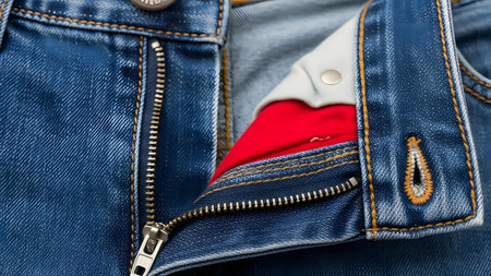 A detailed view of blue denim jeans, featuring an unzipped fly that exposes a striking red fabric underneath, highlighting the texture and stitching of the garment.の素材
