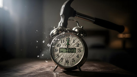A close-up shot of a hammer forcefully striking a vintage alarm clock, causing the glass face to shatter into numerous fragments, symbolizing the destruction of time or a breaking point.の素材