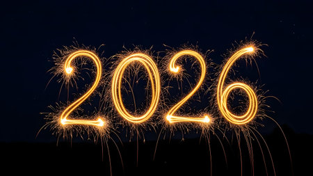 The year 2026 is vividly illuminated by golden sparkler light trails against a dark background, symbolizing new beginnings and celebrations.の素材