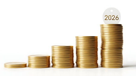 Four increasing stacks of shiny gold coins, with the tallest stack topped by a clear key featuring the year 2026, symbolizing financial growth and future investment.の素材
