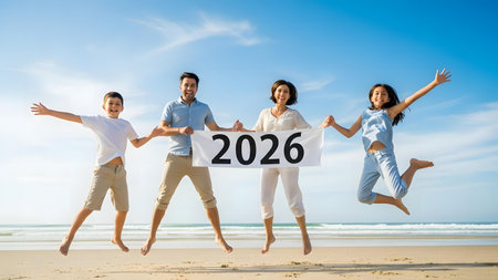 A joyful family, including two adults and two children, leaps in the air on a sandy beach, holding a sign that reads '2026', celebrating the upcoming New Year with enthusiasm.の素材