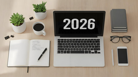A top-down view of a laptop with '2026' on its screen, surrounded by a notebook, pen, coffee, plants, glasses, and a smartphone, all on a light-colored desk.の素材