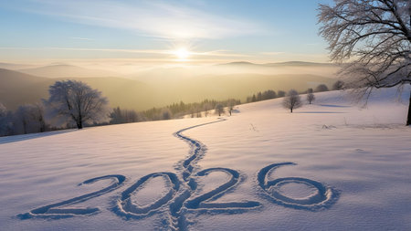 The numbers 2026 are clearly etched into a pristine snow-covered landscape, representing the upcoming year and the fresh start it brings.の素材