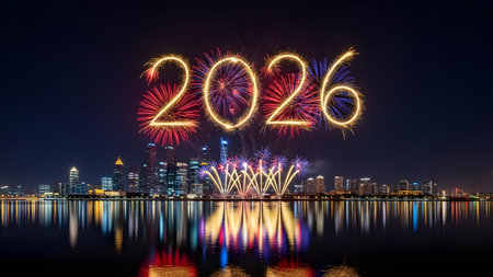 A spectacular display of fireworks forming the year 2026, with colorful bursts reflecting over water, celebrating the New Year.の素材