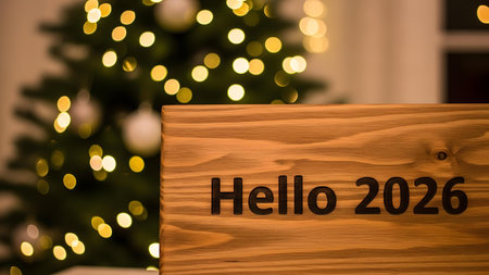 A close-up view of a light brown wooden sign with the words Hello 2026 written in black, positioned in the foreground with a festive, out-of-focus Christmas tree in the background.の素材