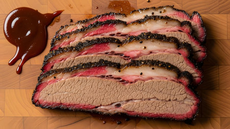 roast beef with sesame seeds and chocolate sauce on wooden backgroundの素材