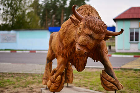 Photo of a statue of a bison on a city street. The picture was taken in autumn at sunset.の写真素材