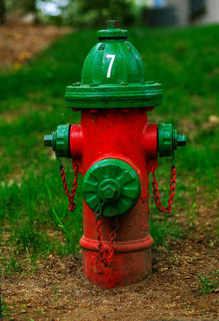 A red fire hydrant with green coverの写真素材