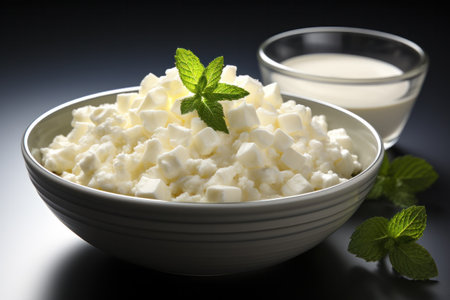 Cottage cheese with mint in a bowl on a dark background.の素材