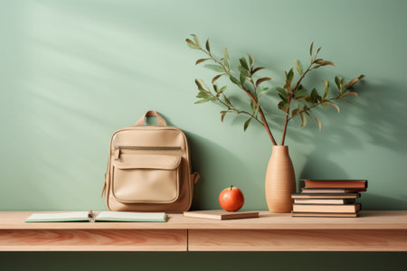Wooden shelf with books, apple and vase with plant. Education concept. 3D Renderingの素材