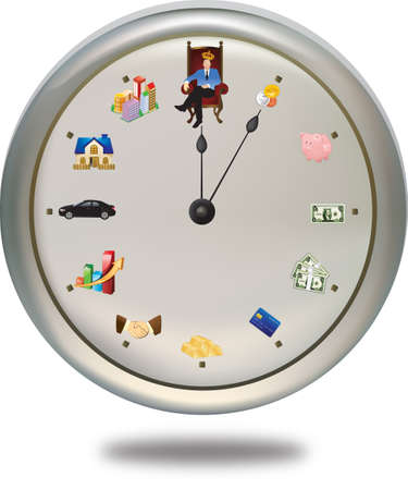 Time is money ***This special clock shows how a person can achieve their financial-goal in 12 periods of life-time. The short-hand is the FINAL goal, while the long-hand shows their current status. So the hand will be distinct for each personのイラスト素材