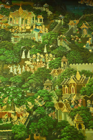 Thai Mural painting from the ancient temple 300 years ago, showing buddha's lifestyle via Thai art.のeditorial素材